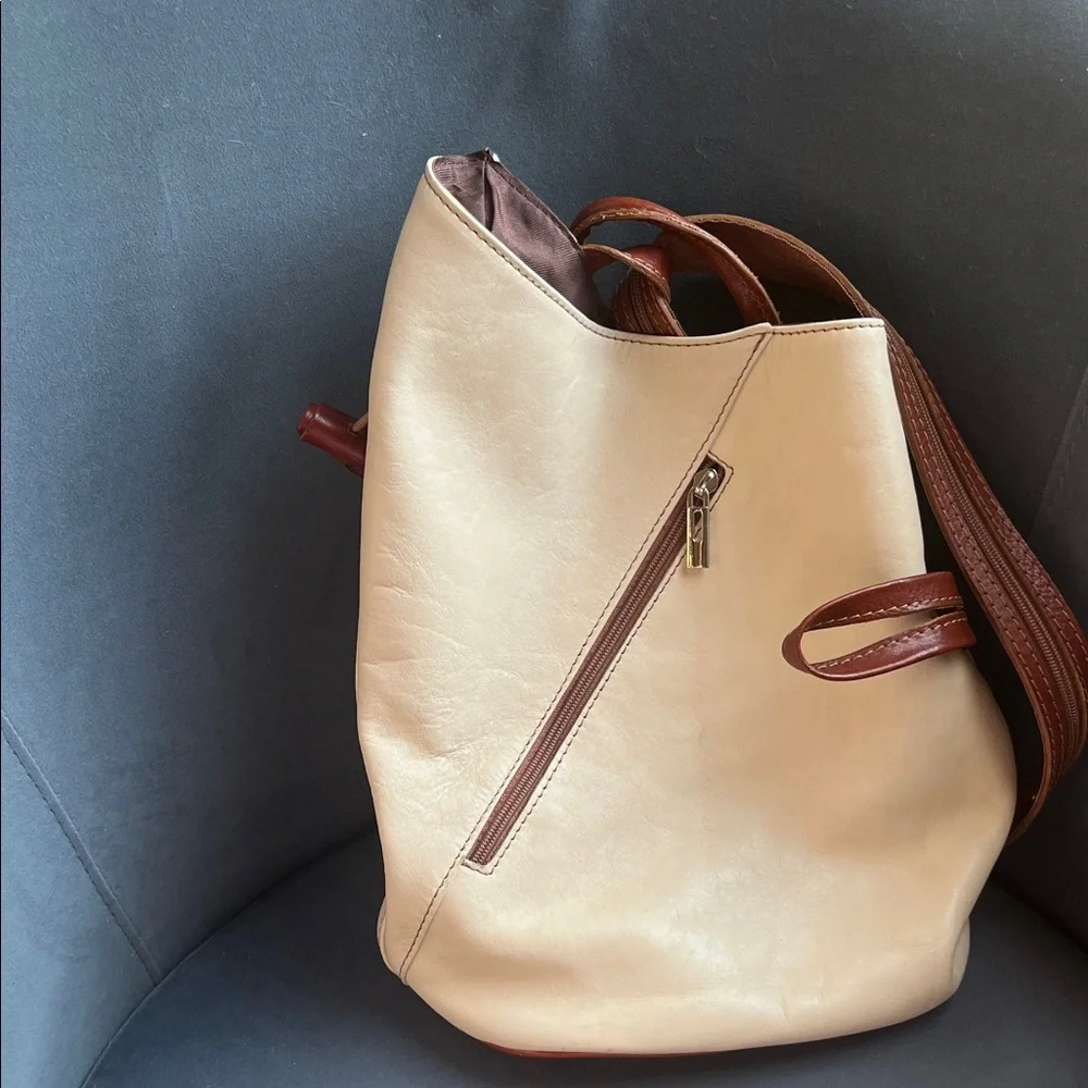 Cream and Brown Leather Sling Backpack